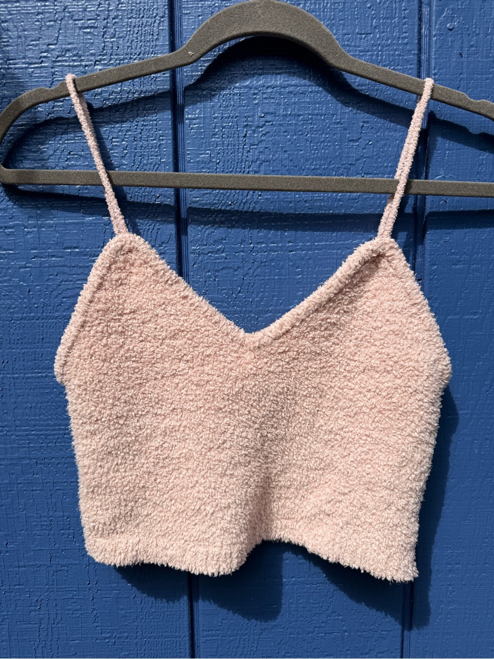 NUE GARAGE Blush Pink Plush Spaghetti Strap Crop Top
